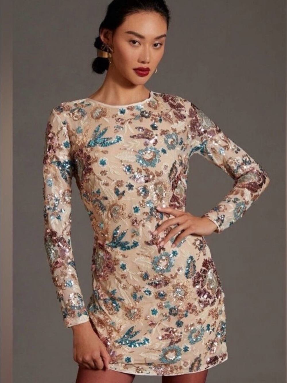 Long-Sleeve Sequin Mini Petite Dress in Nude with Pink and Turquoise Flowers